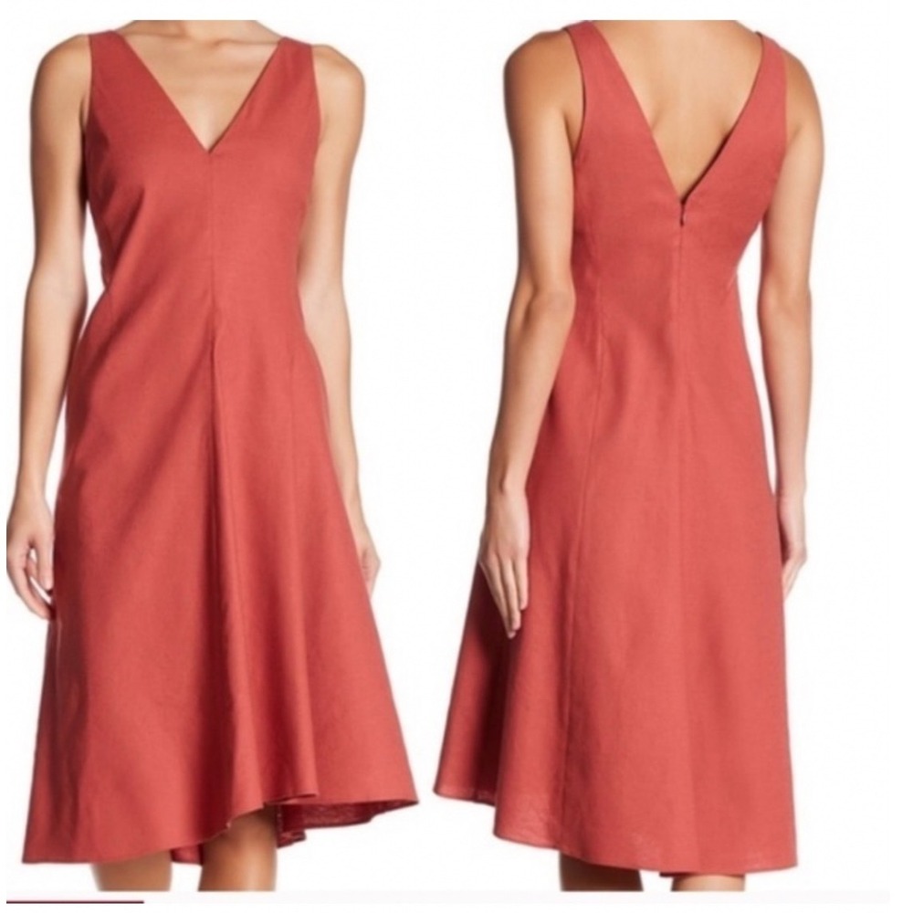 Theory Tadayon New Stretch Linen V-Neck Midi Dress Terracotta Red Size 4 C5